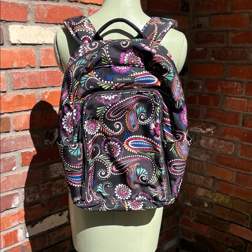 Vera Bradley Black Paisley Floral Backpack with Pink and Teal Accents